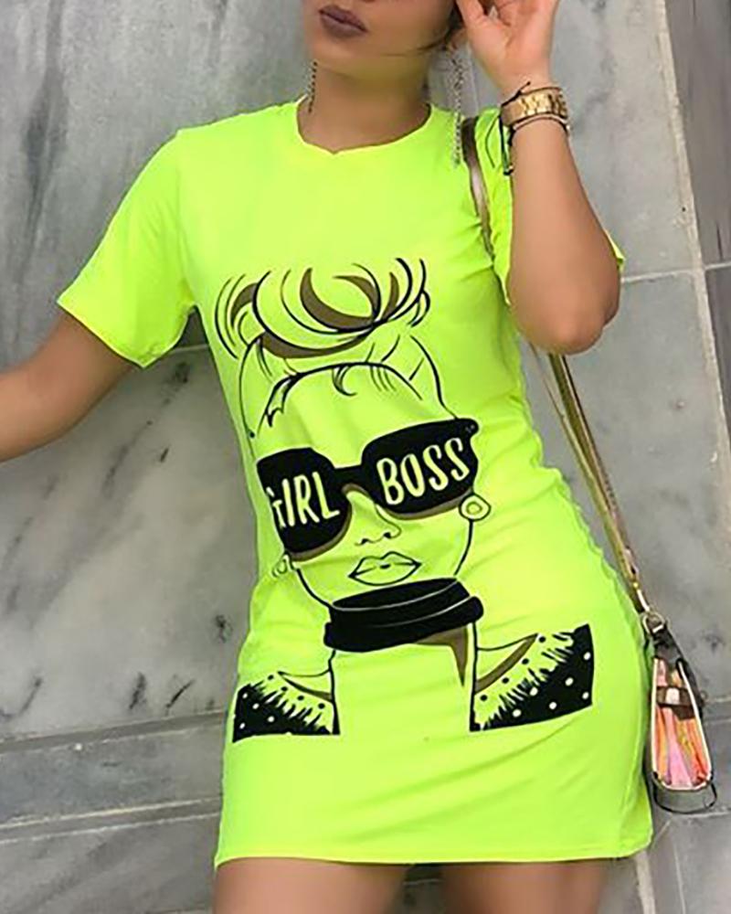 

Figure Print Short Sleeve T-Shirt Dress, Green