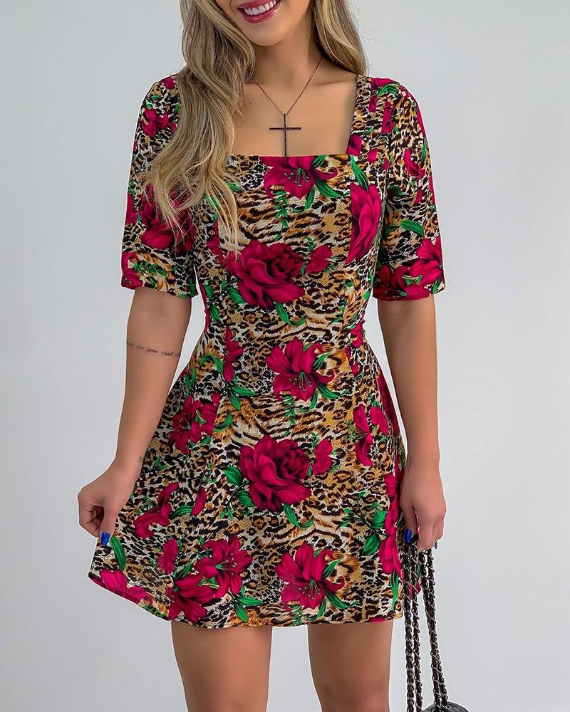 

Square Neck Floral Leopard Print Short Sleeve Dress