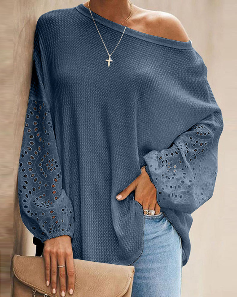 

One Shoulder Eyelet Embroidery Lantern Sleeve Top, Blue
