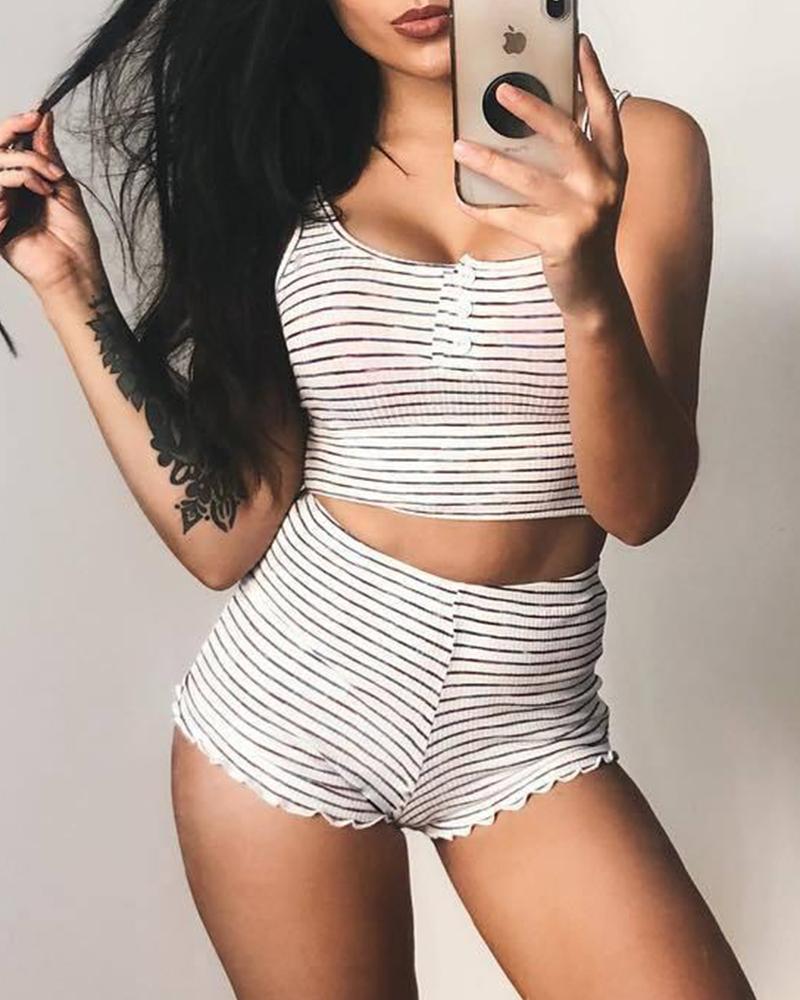 

Striped Tank Top & Shorts Set, Black&white