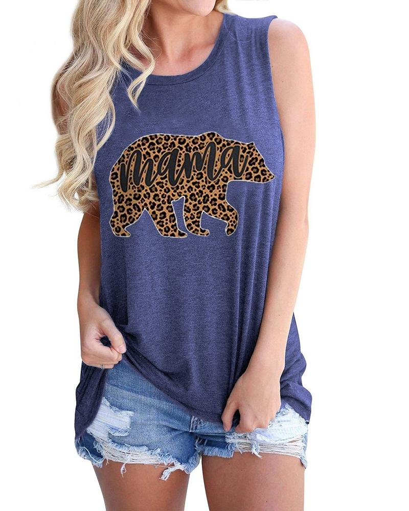 

Letter / Cheetah / Bear Print Casual Tank Top, Blue