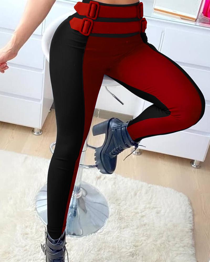 

High Waist Colorblock Seam Front Buckled Skinny Pants, Red