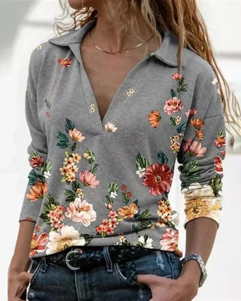 

Floral Print Long Sleeve Top, Gray