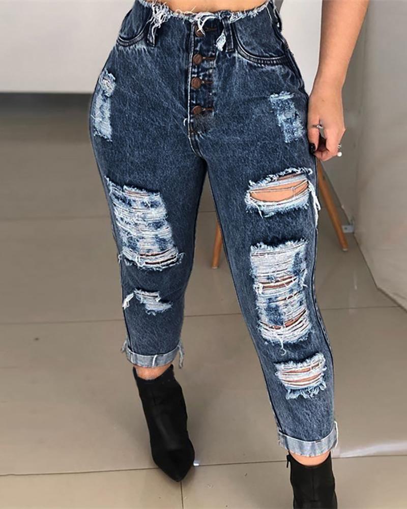 

High Waisted Boyfriend Style Cutout DenimJeans, Dark blue
