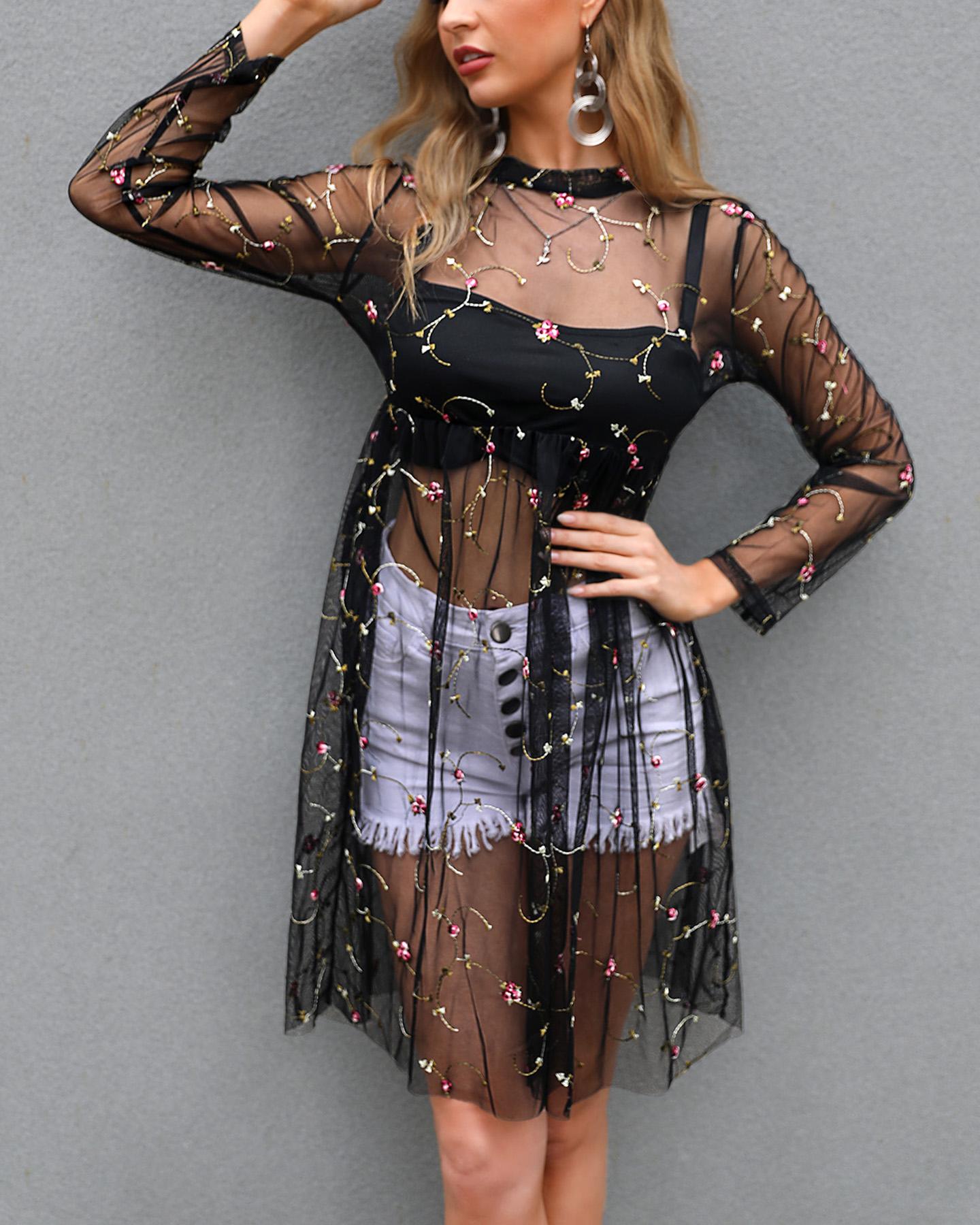 

Pleated Floral Embellished See Through Cover Ups, Black