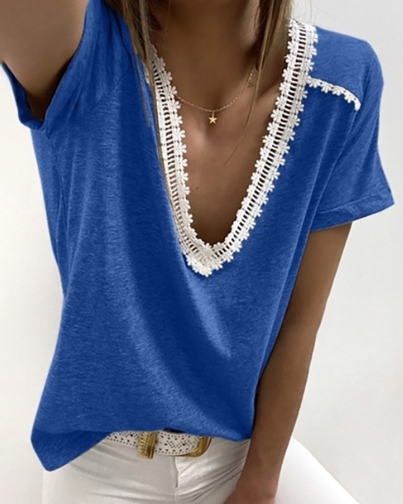 Vneck Crochet Lace Casual Tshirt