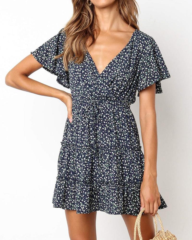 

Floral V-Neck Smock Dress, Blue