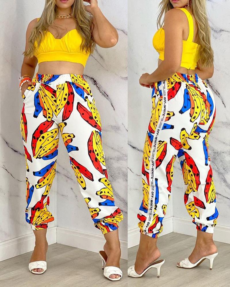 

Tropical Fruit Print Thick Strap Top & Pants Set, Yellow