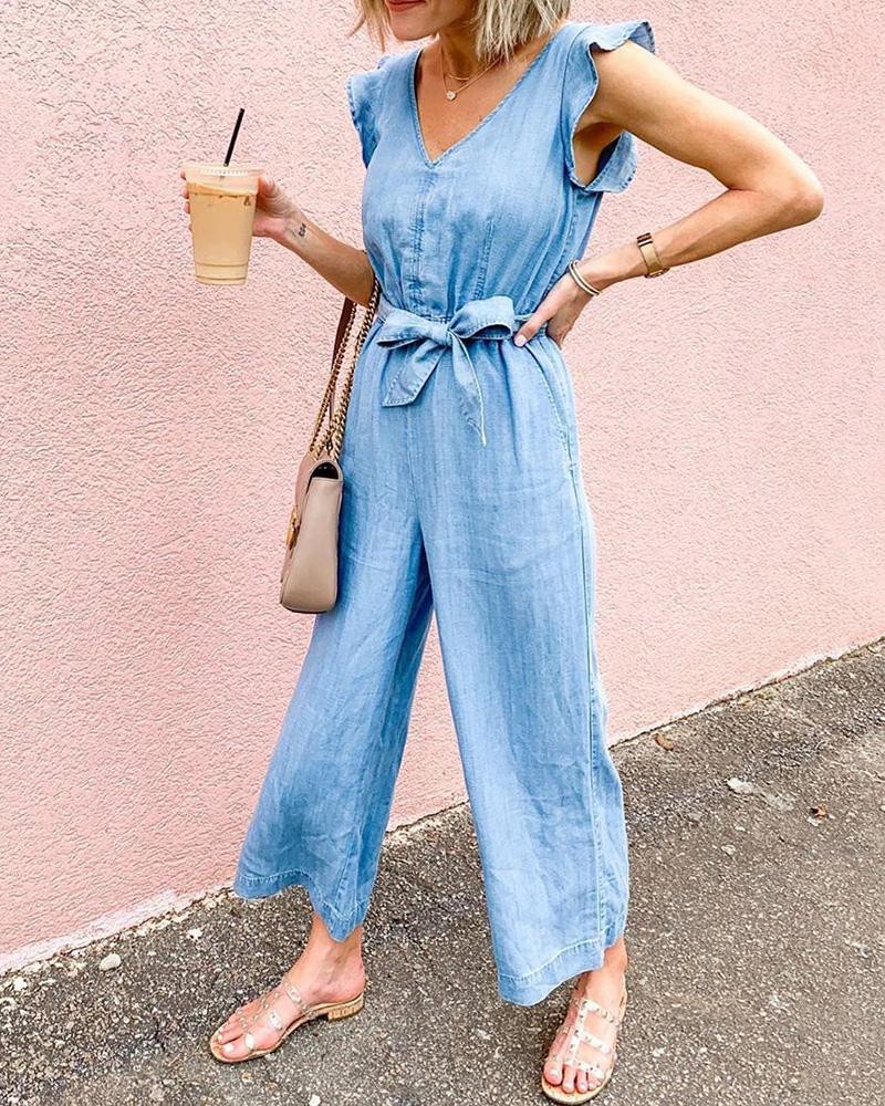 ruffle sleeve denim jumpsuit