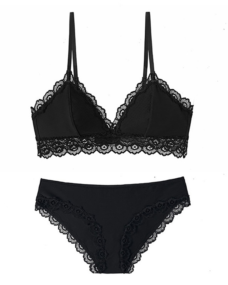 

Push Up Lace Trim Breathable Lingerie Set, Black