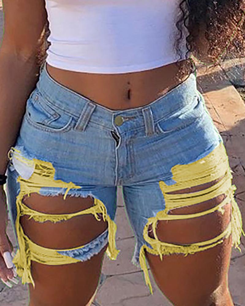 

Distressed Cutout Colorblock Fringe Hem Denim Shorts, Yellow