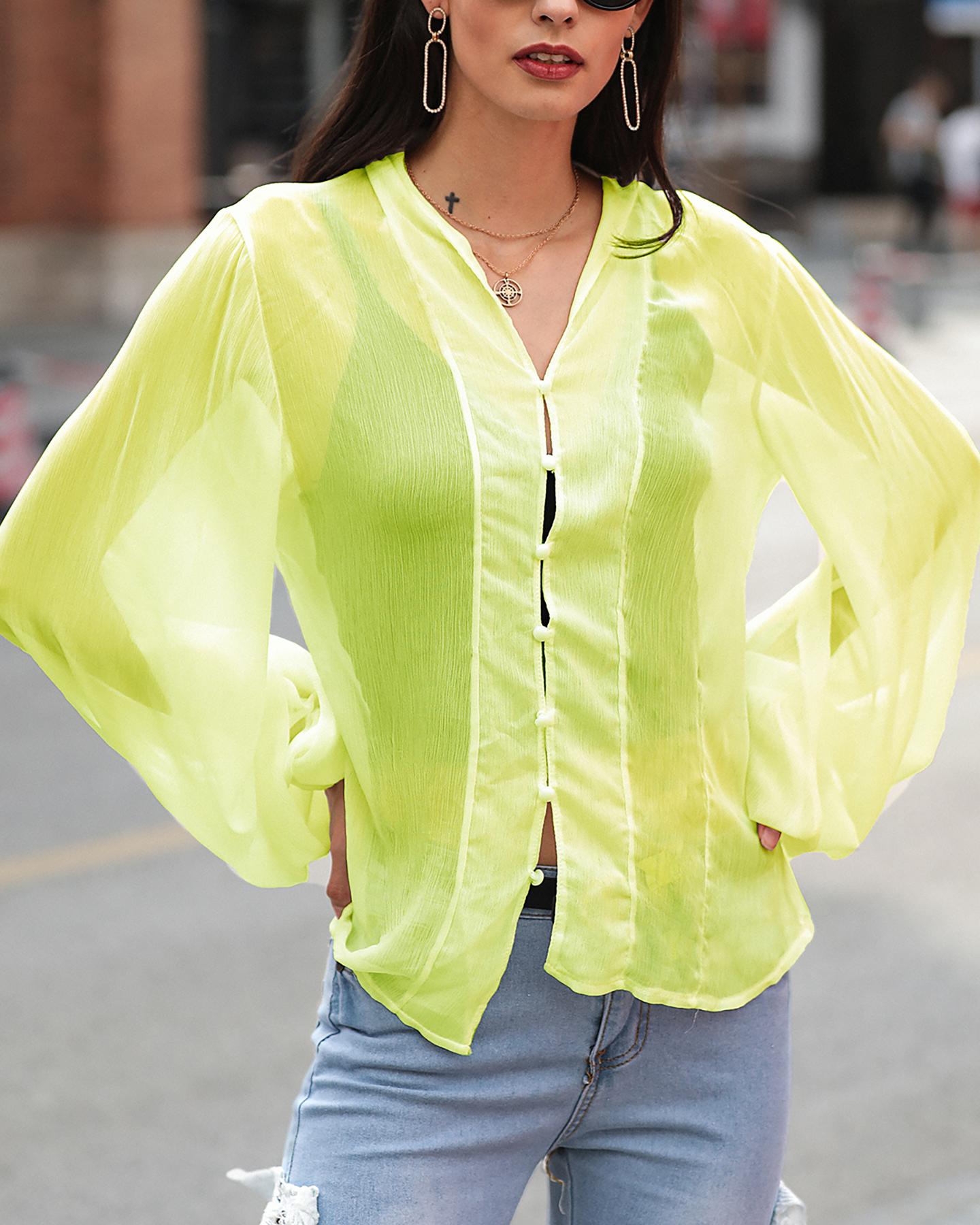 

Solid See Through Lantern Sleeve Shirt, Yellow