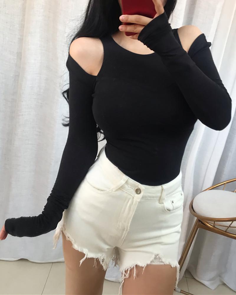 

Cold Shoulder Solid Long Sleeve T-shirt, Black