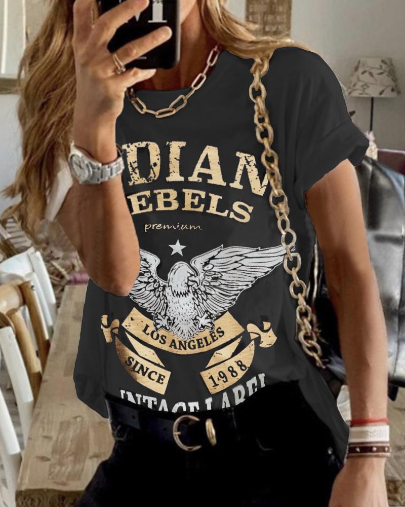 

Retro Patterns Print Short Sleeve Loose T-shirt, Black