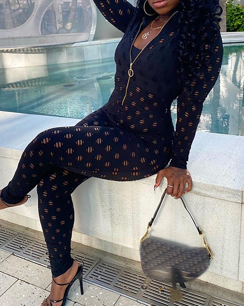 

Hollow Out Zip Front Jumpsuit, Black
