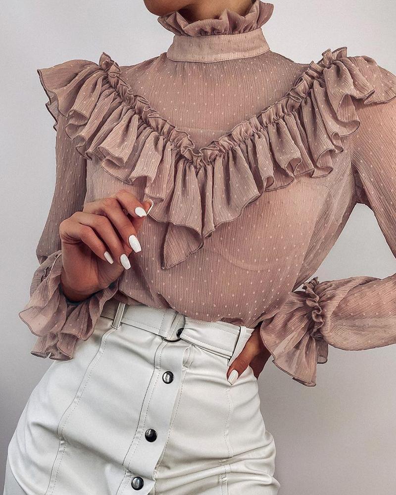 

Sheer Mesh Flared Sleeve Ruffle Hem Top, Pink