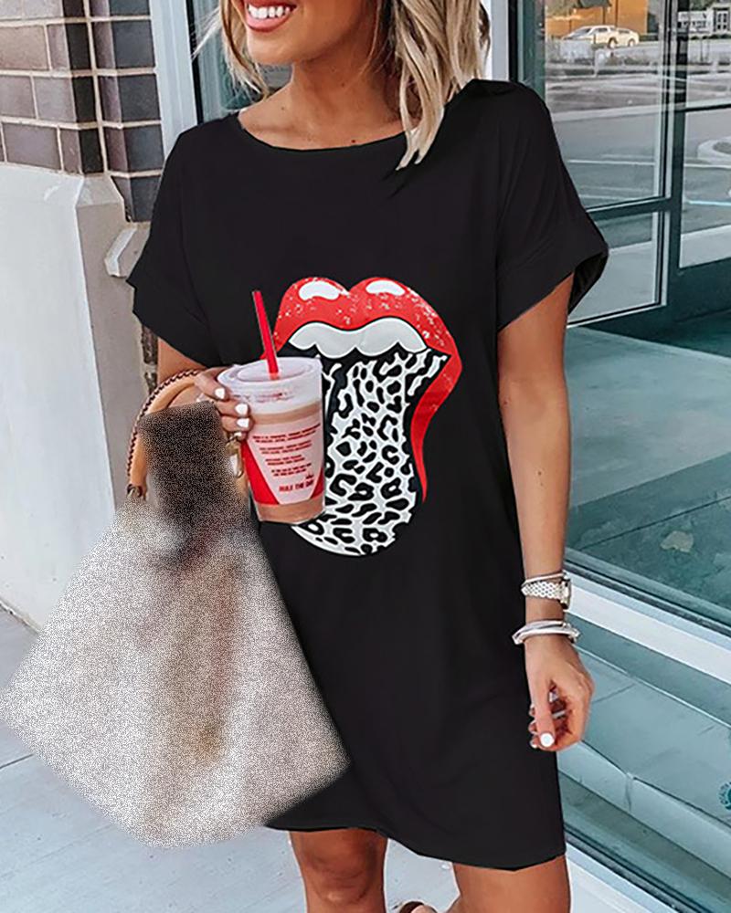 

Lip Print Short Sleeve Casual Dress, Black