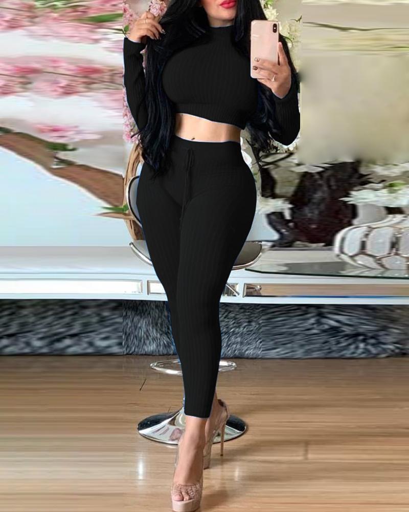 

Ribbed High Neck Top & Drawstring Pants Sets, Black