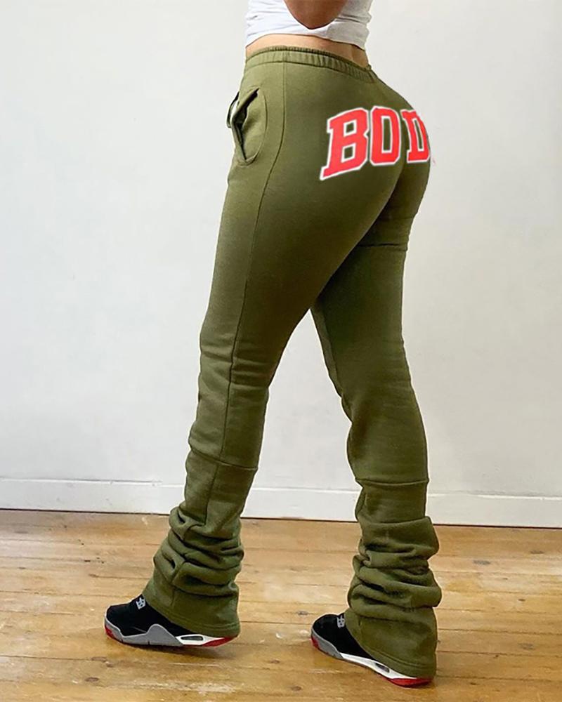 

Letter Print Fold Drawstring Pants, Green