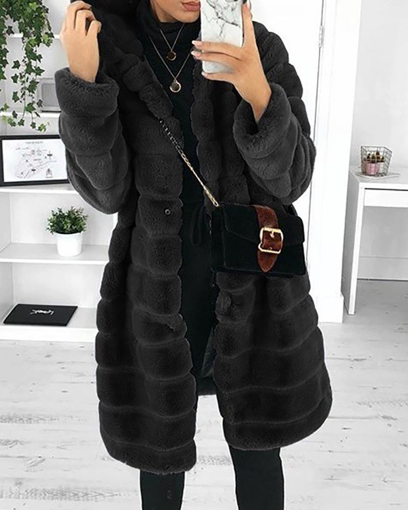 

Pocket Design Long Sleeve Hooded Teddy Coat, Black