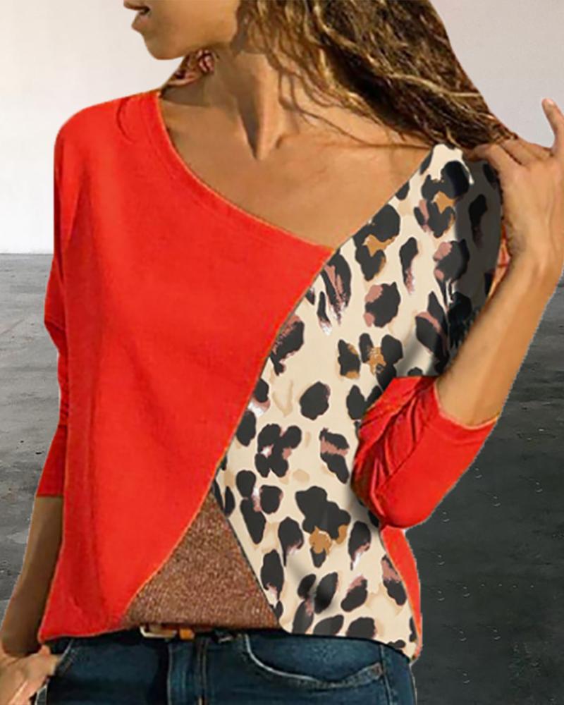 

Colorblock Insert Leopard Print Long Sleeve T-shirt, Red