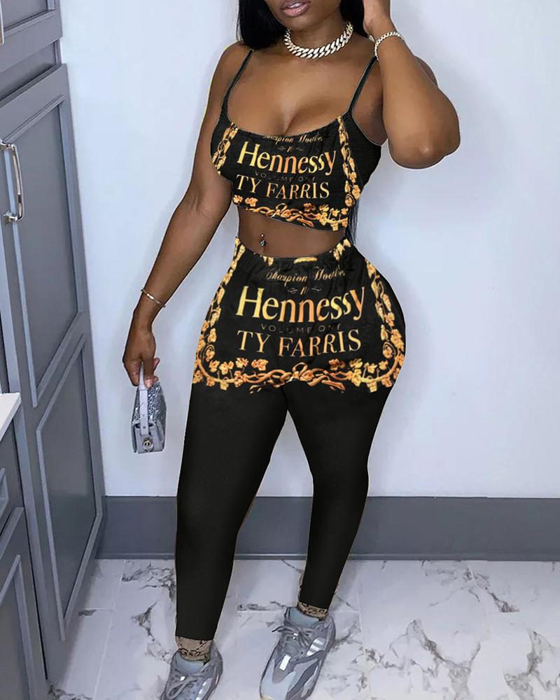 

Letter / Slogan / Leaf Print Crop Top & High Waist Pants Set, Style2
