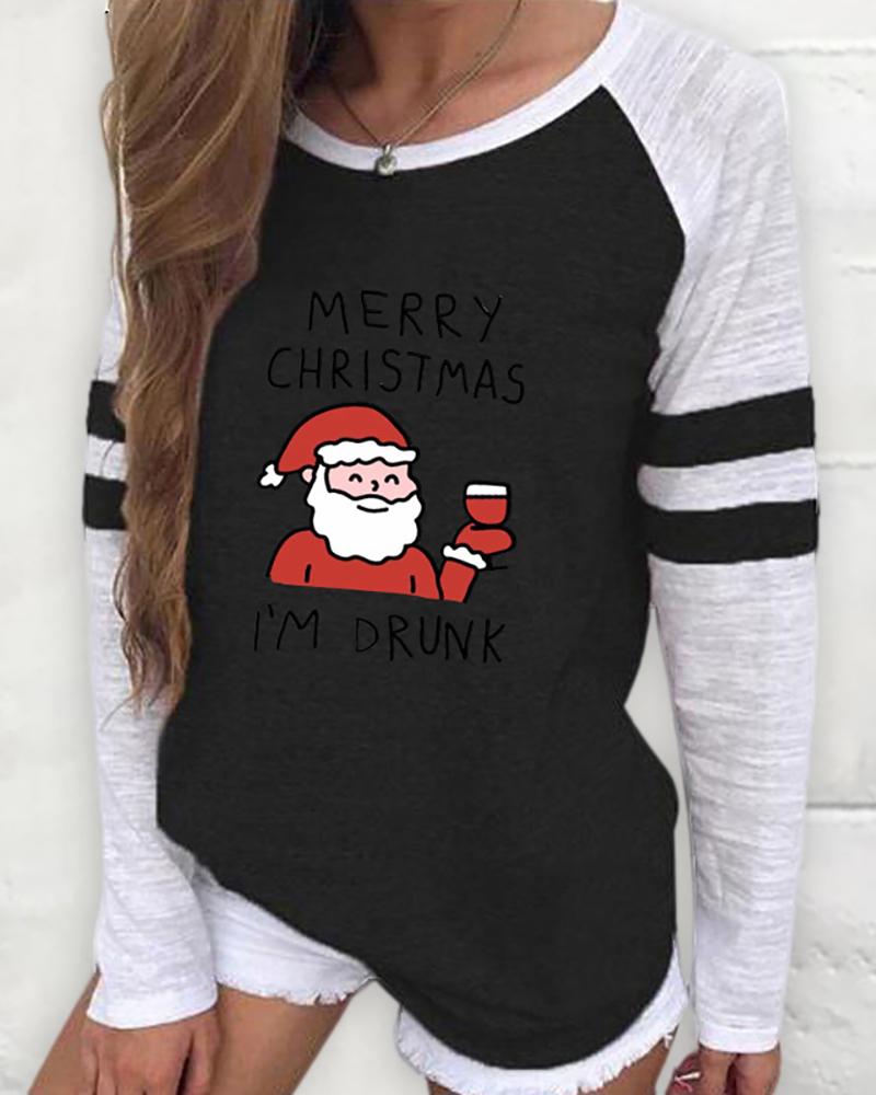 

Christmas Long Sleeve Casual Santa Print Sweatshirt, Black