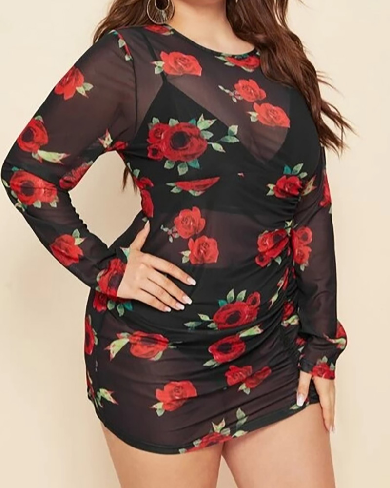 

Floral Print Sheer Mesh Bodycon Dress, Black