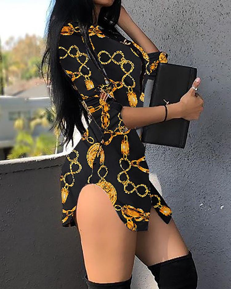 chains print belted casual shirt dress