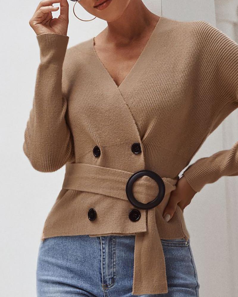 

Double Breasted Long Sleeve Casual Sweater, Khaki