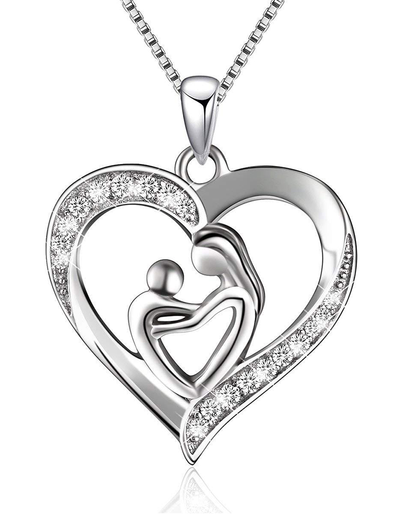 

1PCS Mother's Day Mother & Child Love Heart Studded Pendant, Silver