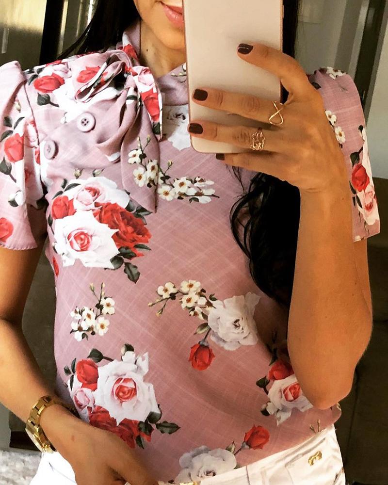 

Tie Neck Short Sleeve Floral Print Top, Pink