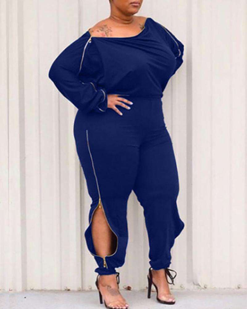 

Plus Size Plain Zipper Design Top & Tie Detail Pants Set, Blue