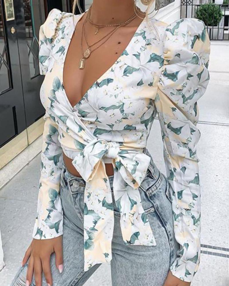 

Tie Up Bowknot Design All Over Print Deep V Neck Long Sleeve Top, White