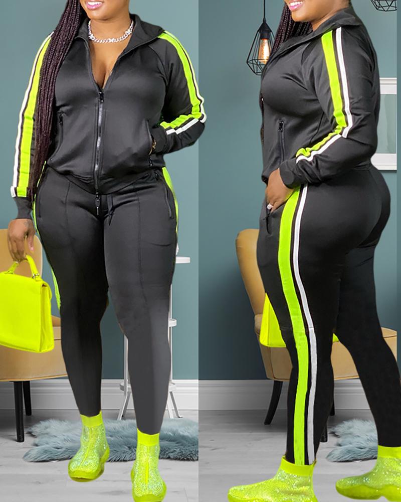 

Striped Colorblock Zip Top & Drawstring Pants Sets, Black