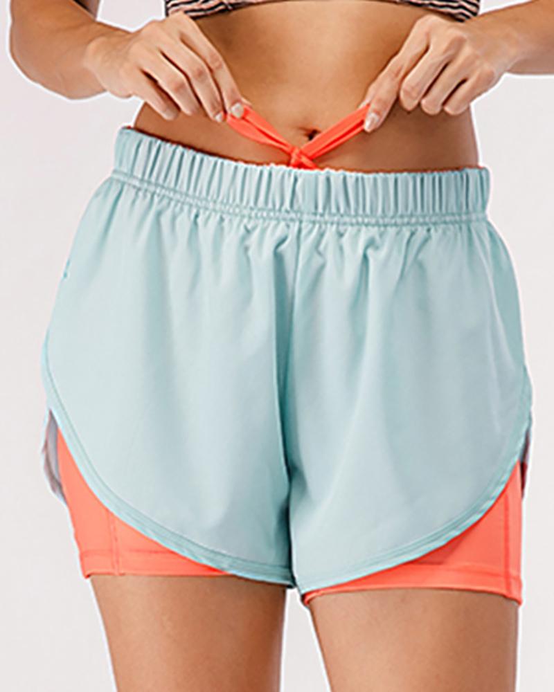 

Elastic Waist Double Layer Side Pocket Athletic Shorts, Light blue