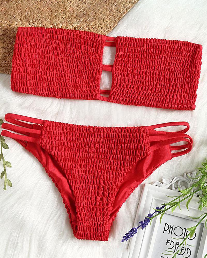 

Shirring Detail Ladder Cutout Bandeau Bikini Set, Red