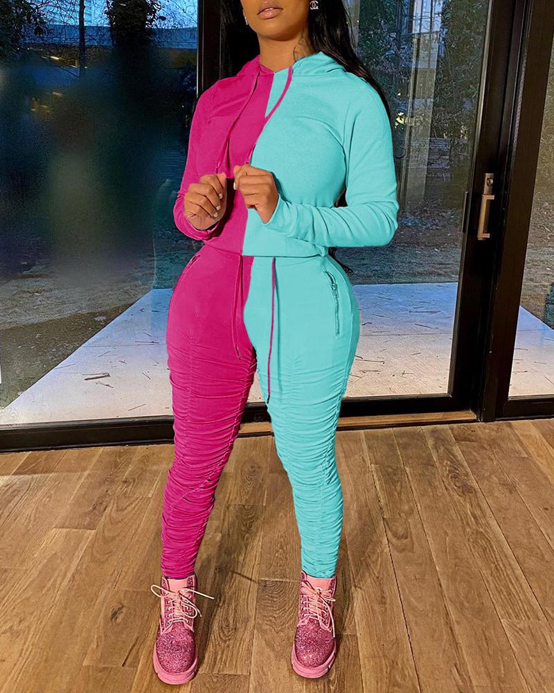 

Colorblock Hooded Top & Ruched Pants Set, Hot pink