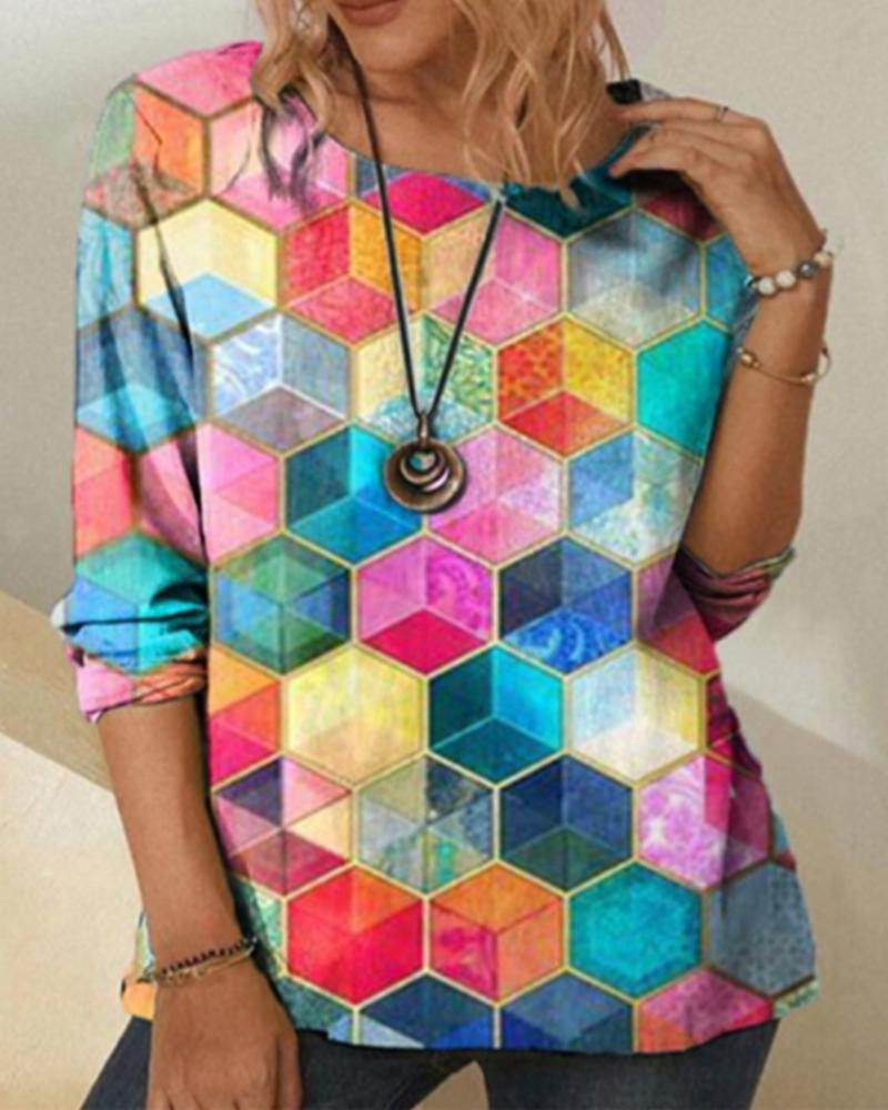 

Mulkticolor Diamond Lattice Print Long Sleeve Blouse, Multicolor