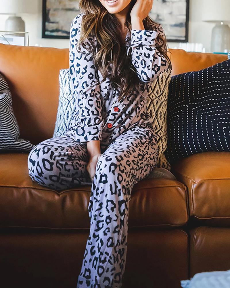 

Leopard Print Button Design Pajamas Set, Black