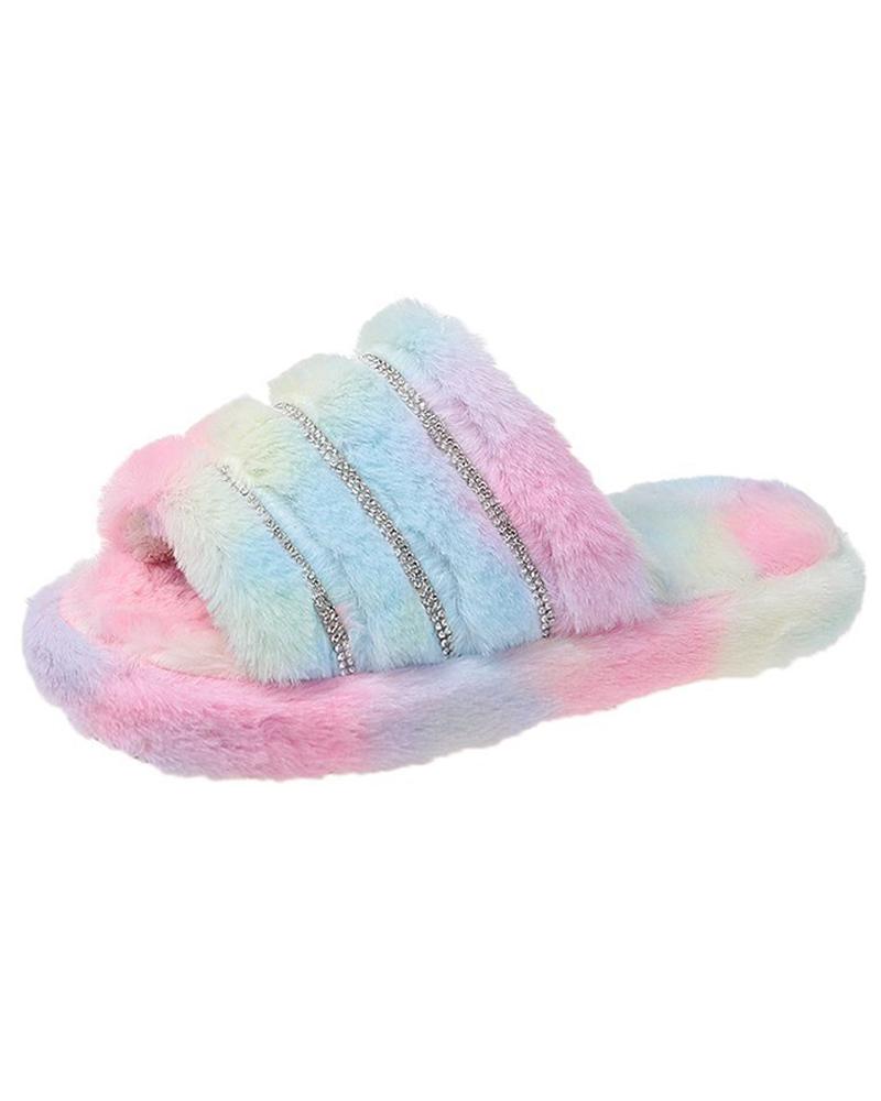 

Studded Plain / Tie Dye Print Fluffy Slippers, Multicolor