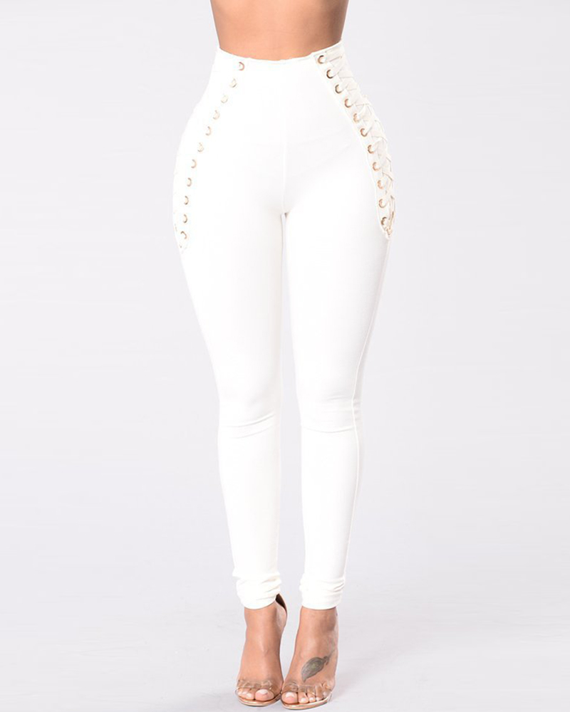 

Plain Eyelet Lace-up Fold Leggings, Style2