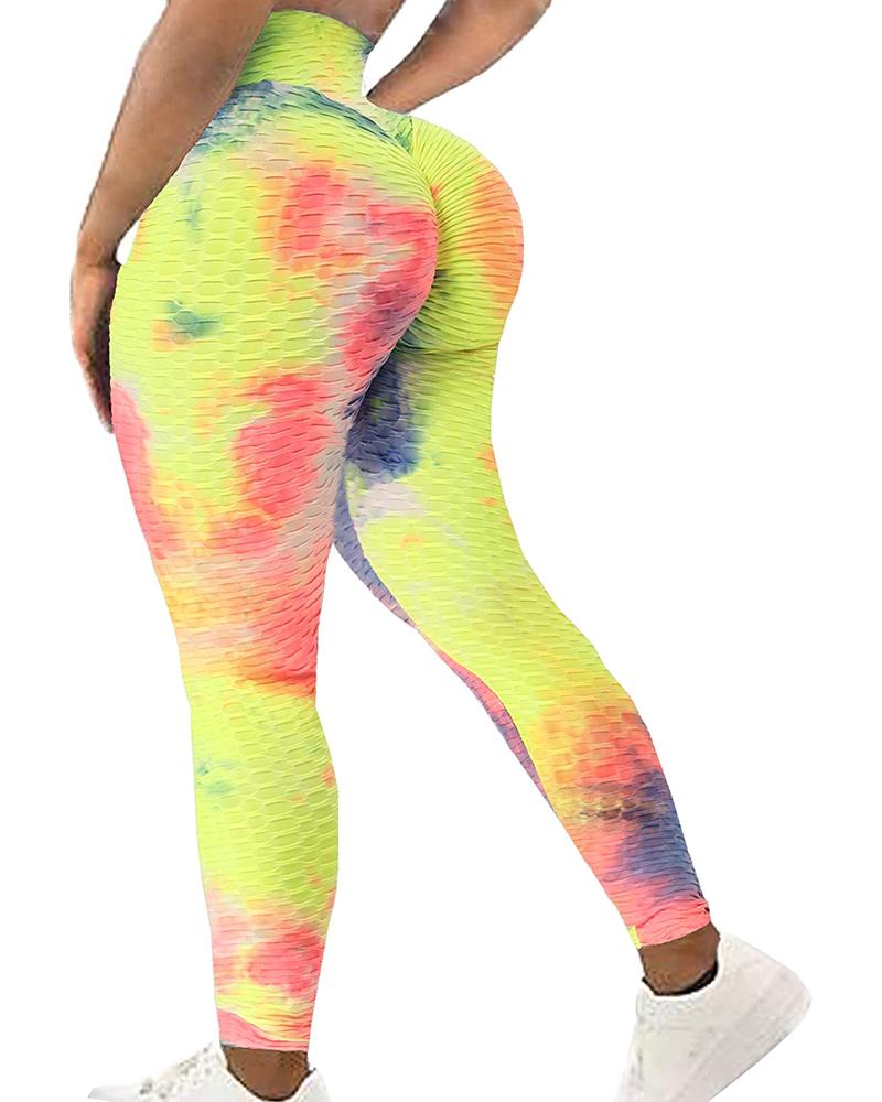 

Tie Dye Print Bubble Textured High Waist Yoga Pants Tummy Control Slimming Booty Leggings, Multicolor