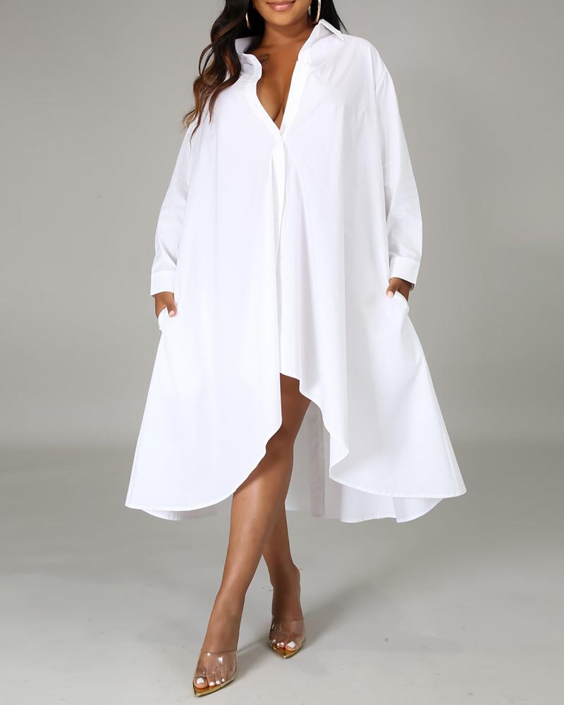 

Pocket Design Ruffles Long Sleeve Shirt Dress Without Belt, White