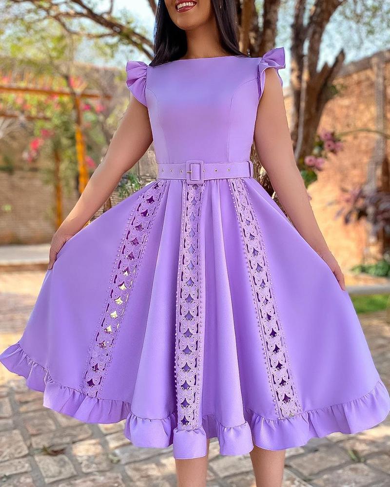 

Plain Hollow Out Frill Hem Dress, Purple