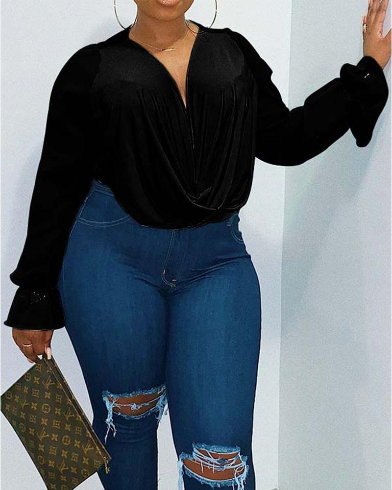 

Solid Long Sleeve Loose Chiffon Blouse, Black