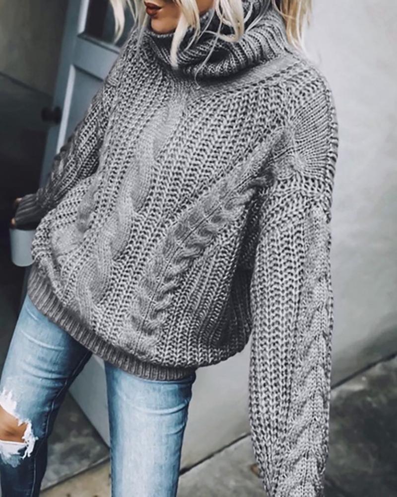 

High Neck Braided Long Sleeve Sweater, Gray