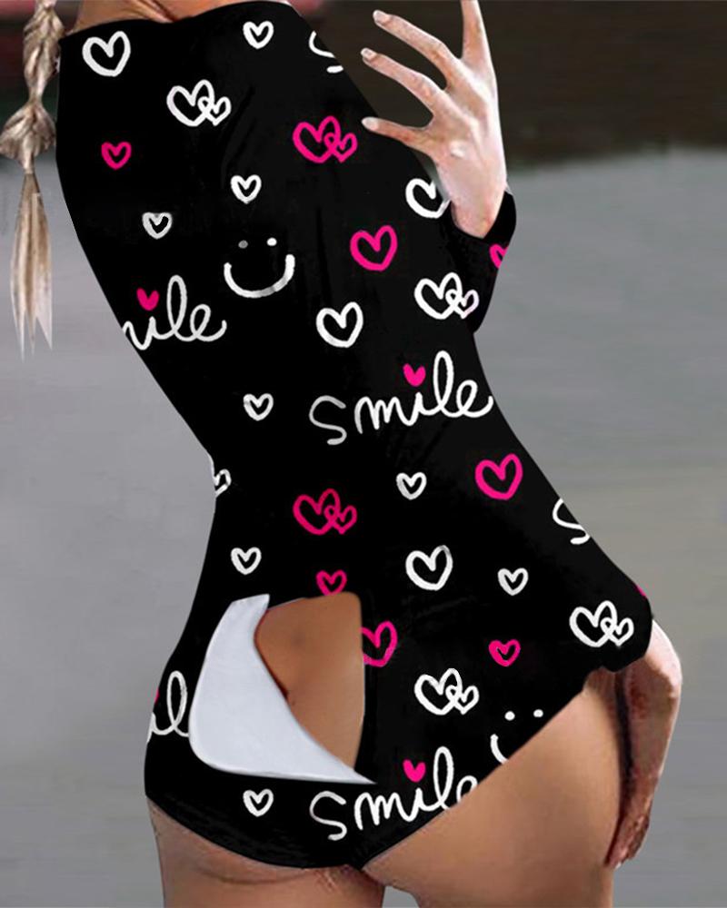 

Heart Print Long Sleeve Functional Button Design Romper, Black