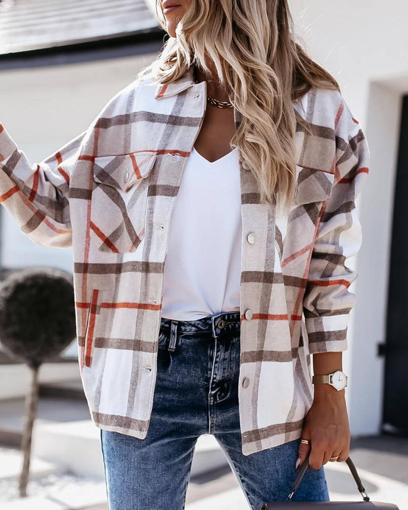 

Buttoned Pocket Design Checked Shacket Shirt, Khaki