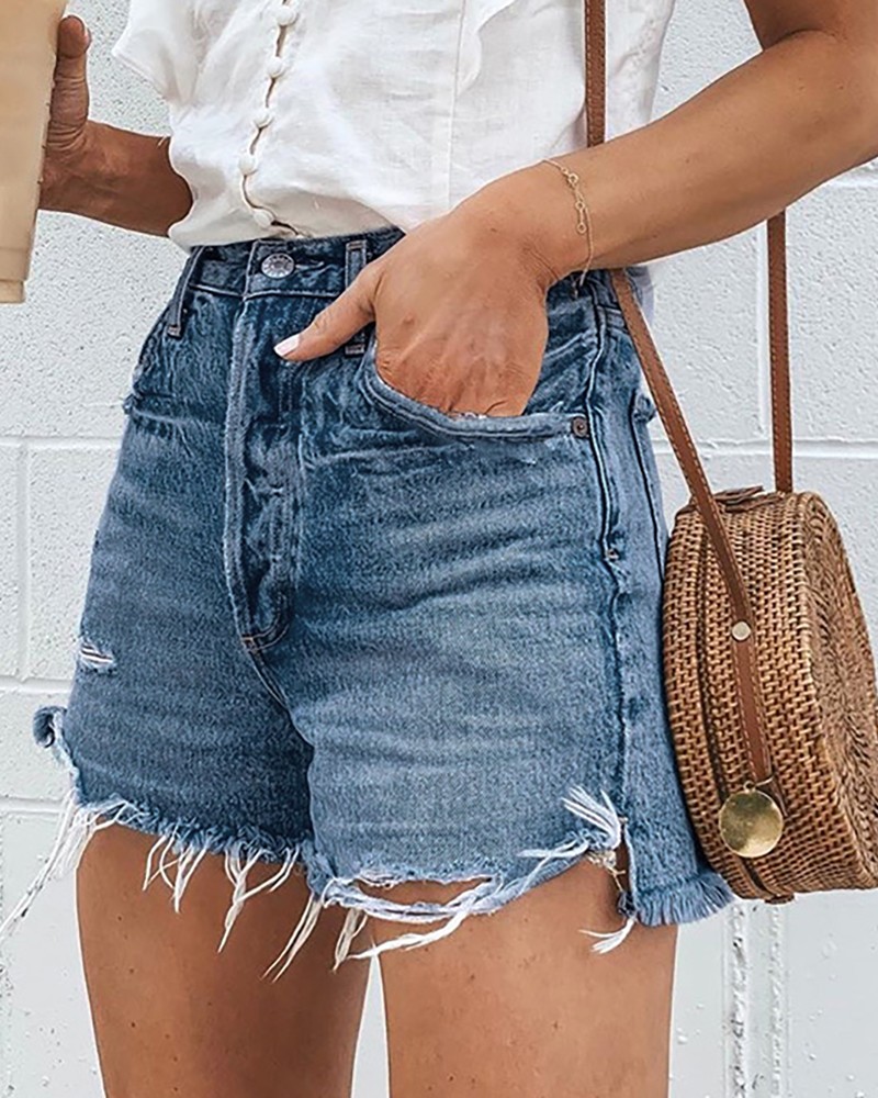 high waisted fringe denim shorts